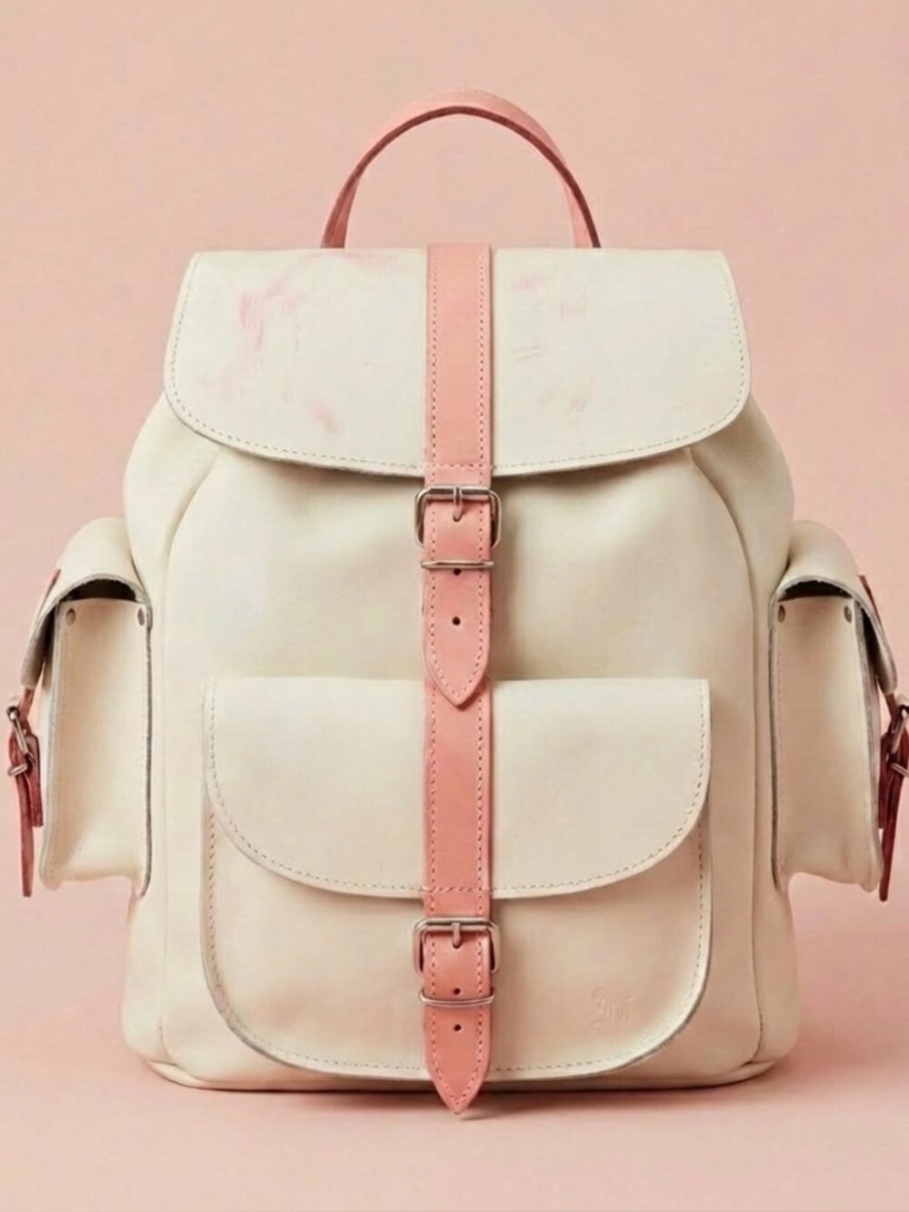 Grafea Leather Backpack White and Rose Pink Rucksack Made in England Flawed